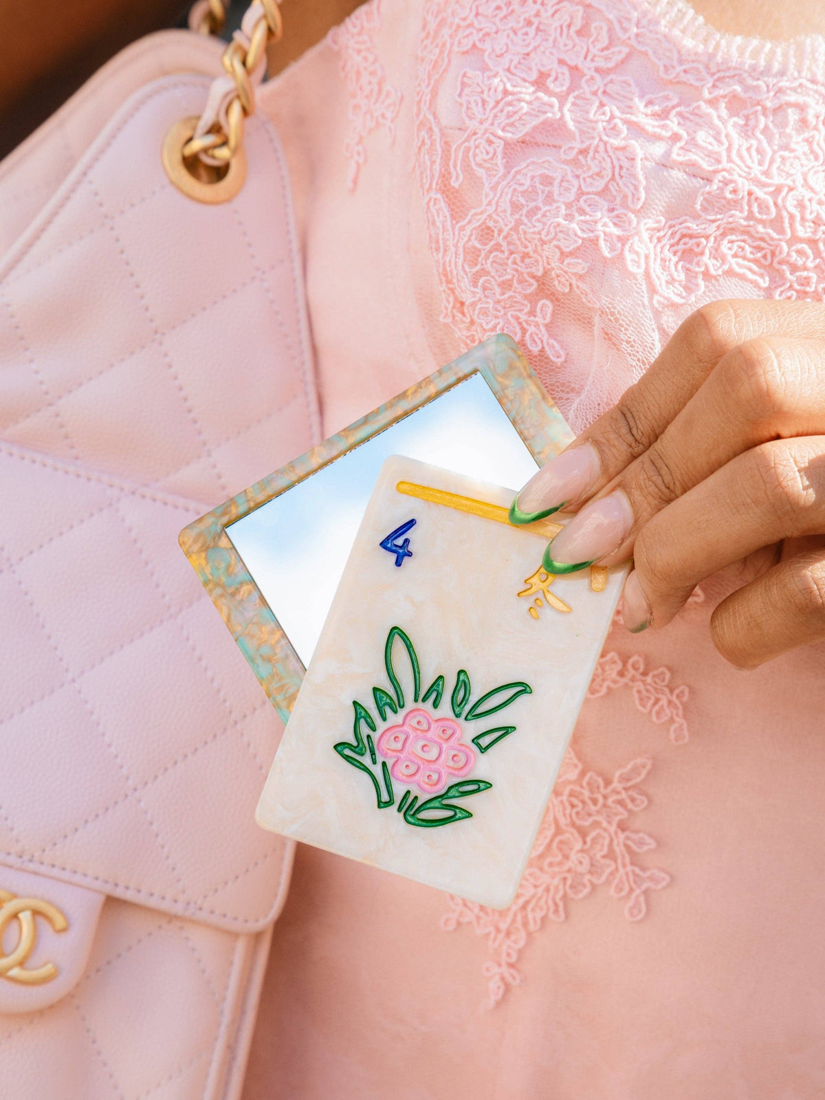 Hand-Painted Flower Mahjong Compact Mirror